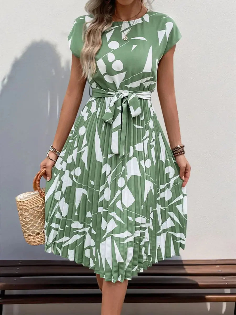Perfee Tied Pleated Printed Cap Sleeve Dress for Women - Love Salve